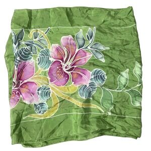 Malaysia Airlines Floral Silk Scarf Green Multi Neck Tie Rectangle Womens 66in *